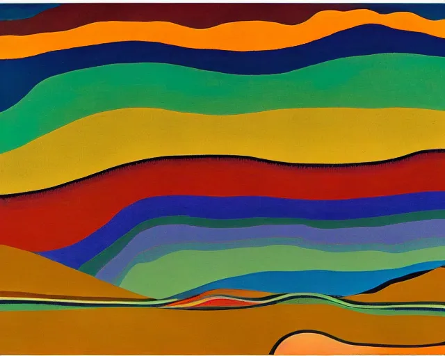 Prompt: A wild, insane, modernist landscape painting. Wild energy patterns rippling in all directions. Curves, organic, zig-zags. Saturated color. Mountains. Clouds. Rushing water. Waves. Sci-fi dream world. Wayne Thiebaud. Lisa Yuskavage landscape. Paul Klee.