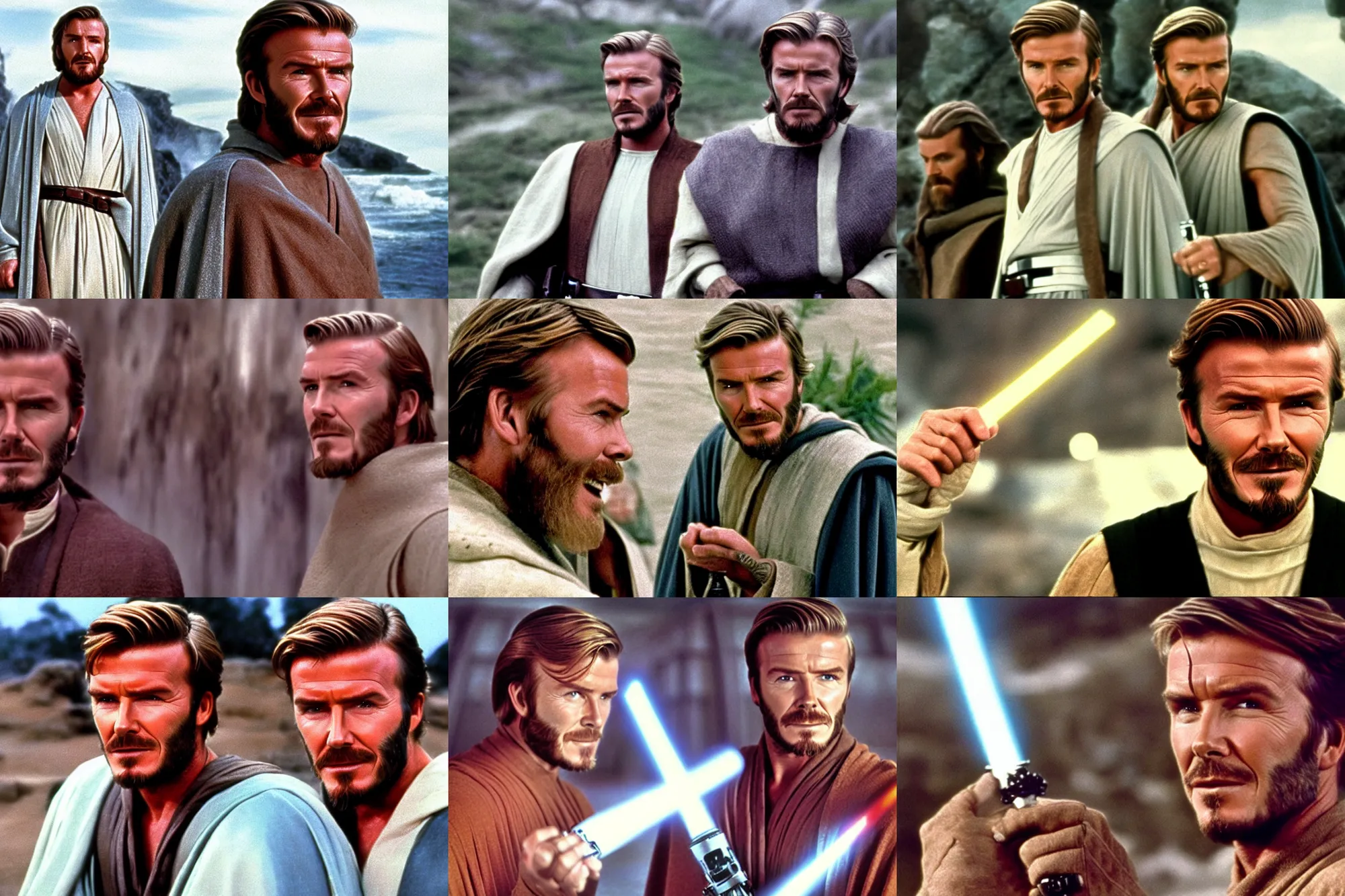 Prompt: David Beckham as Obi-Wan Kenobi in Star wars (1977) cinemascope and technicolor