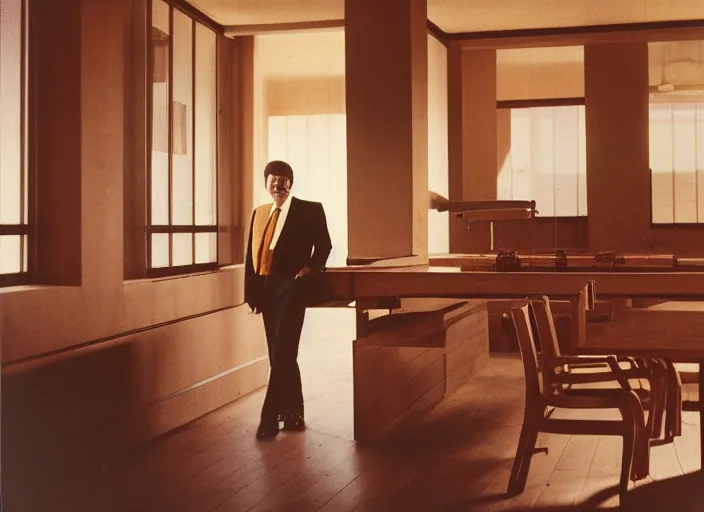 Prompt: realistic photo portrait of the person, brown mustard shirt, formal suit, black tie,, wooden polished and fancy expensive wooden laboratory hall interior 1 9 9 0, life magazine reportage photo