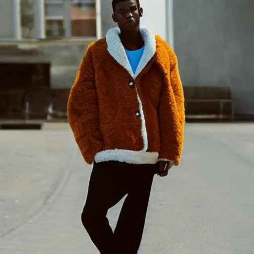 Image similar to realistic photoshooting for a new balenciaga lookbook, color film photography, portrait of a beautiful woman, model wearing a sherpa jacket, by photo in style of Tyler Mitchell, 35mm,