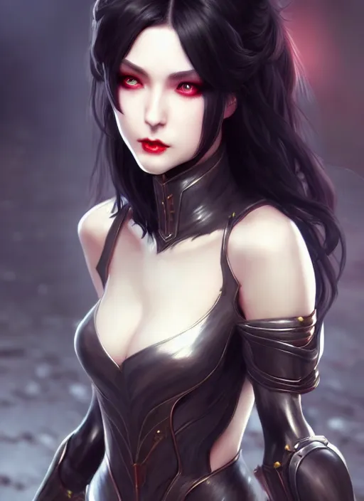 Image similar to full plate armor!!! beautiful and elegant dark hair female vampire!! gorgeous ayes!! character concept art, sharp focus, octane render! unreal engine 5! highly rendered!! trending on artstation!! detailed linework!! illustration by artgerm, wlop, and chie yoshii