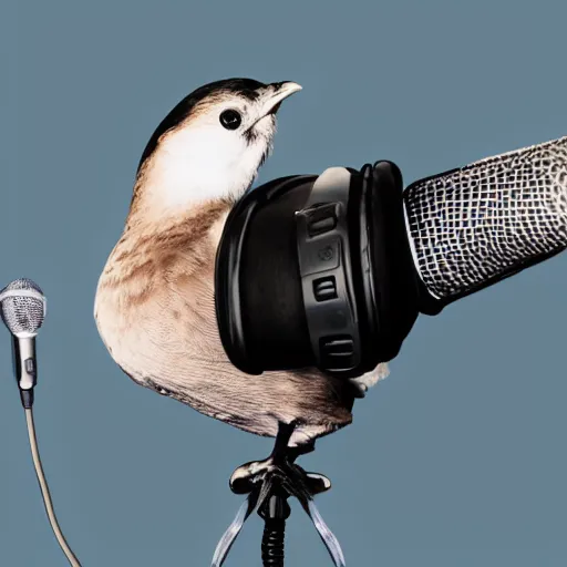 Image similar to A photograph of a bird wearing headphones and speaking into a microphone