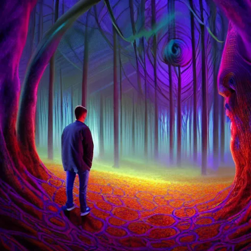 Prompt: a man under psilocybe effect, shocked by hallucination, hallucination of two lovers looking each other, highly detailed, magical, spiral patterns, colorful visuality, cinematic rendered, sharp focus, medium lighting, luminous forest background by concept art, awarded, lovecraft, digitally enhanced, 8 k hd resolution, artstation, high quality image