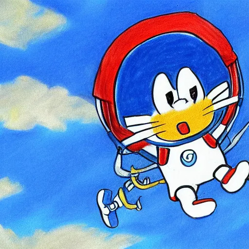 Prompt: drawing of doraemon violently skydiving