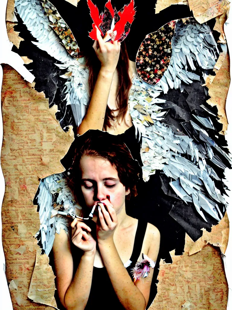 Image similar to a young adult angelgirl smoking a cigarette and ratty feathered angel wings, stressed and burnt out, collage effect, collaged, torn paper, torn paper collage, overexposure, overexposed, high exposure