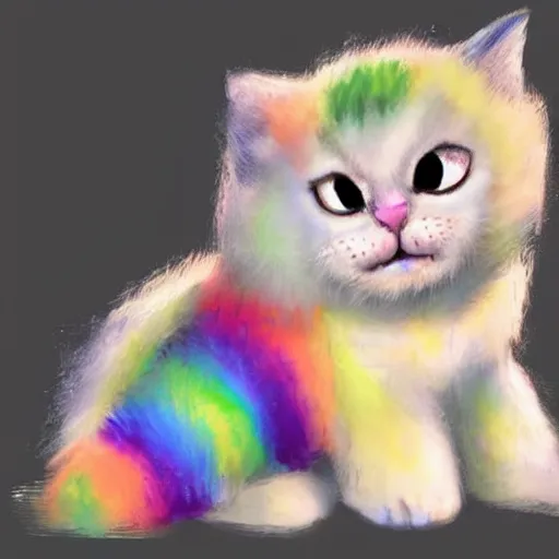 Image similar to wide angle full body, of a fluffy cute rainbow kitten wearing a black leather motorcycle jacket, concept art