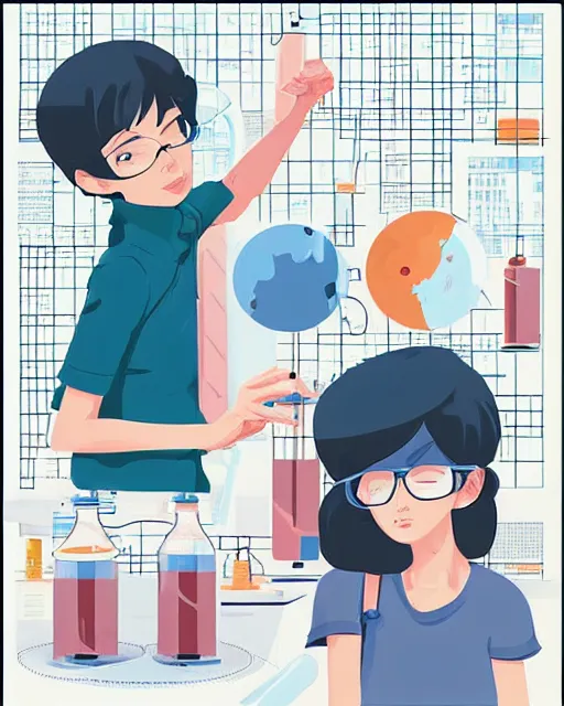 Image similar to a little girl in science lab experiment test tube microscope map. clean cel shaded vector art. minimalist illustration art by lois van baarle, artgerm, helen huang by makoto shinkai and ilya kuvshinov, rossdraws