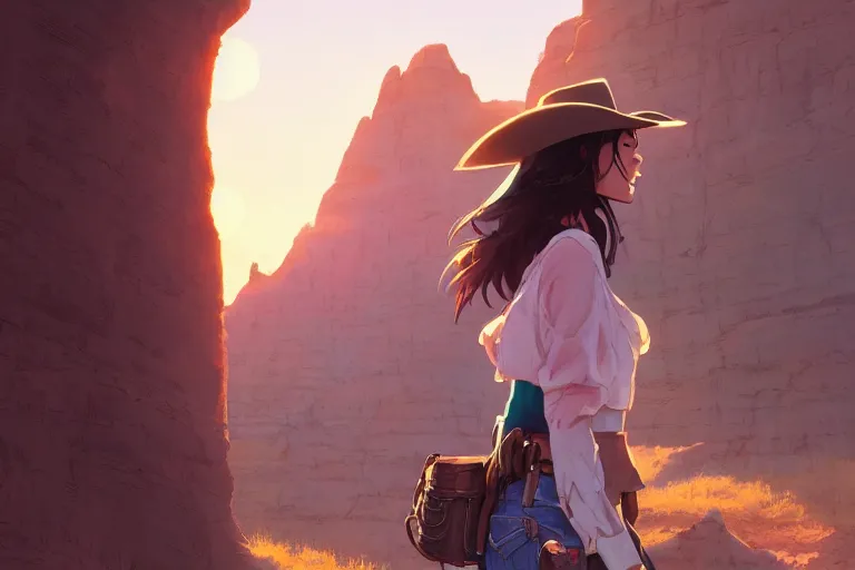 Image similar to western cowgirl in the badlands, single subject, scenic full shot, ambient lighting, detailed face, by makoto shinkai, stanley artgerm lau, wlop, rossdraws