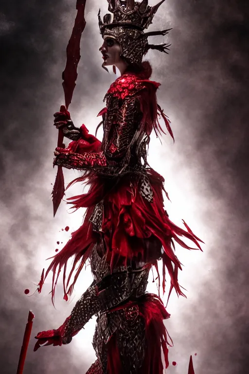 Image similar to the blood crown queen wear the scarlet armor, cinematic lighting, various refining methods, micro macro autofocus, ultra definition, award winning photo