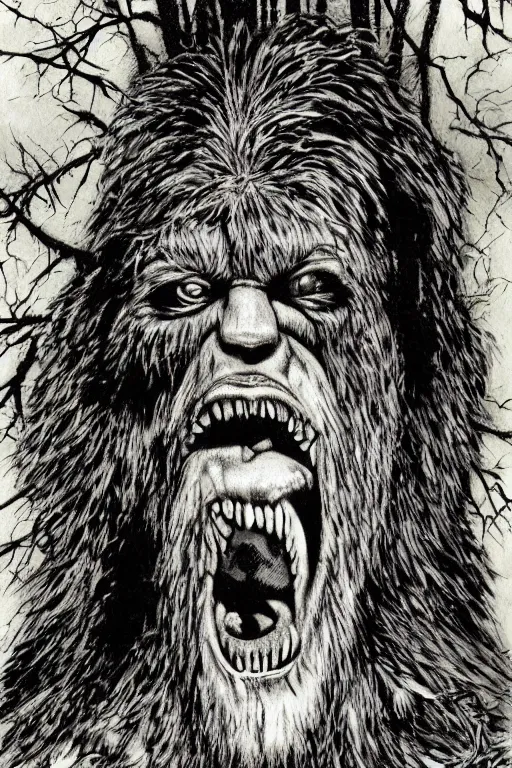 Image similar to mad bigfoot screaming in the woods artwork by ben templesmith