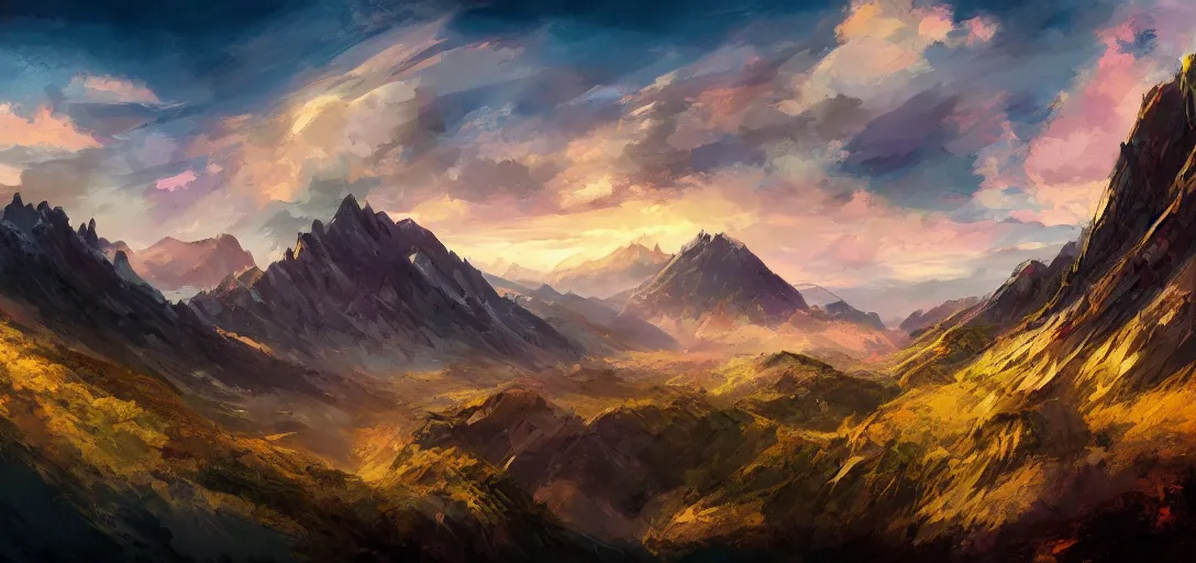 Prompt: vast mountain landscape, craggy mountains, magic the gathering, three - colors, three - color color palette, panoramic, wide angle, horizon, highly detailed