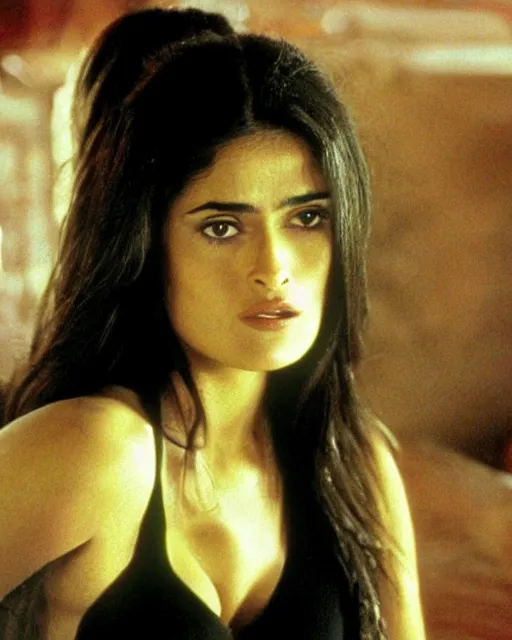 Image similar to film still of closeup portrait of young beautiful salma hayek in from dusk till dawn 1 9 9 6, octane, arney freytag, glamour pose,