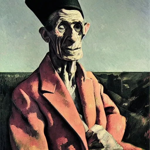 Prompt: shredded physique feathered tall neck beak Portrait of Samuel Beckett camouflaged as Flamingo whilst wearing a pink tuxedo Standing atop a Garbage Truck Greg Rutkowski Eric Ravilious Paul Cezanne Andrew Wyeth Jamie Wyeth