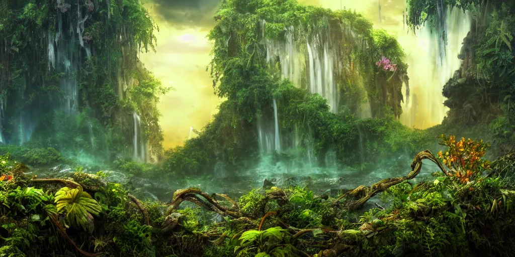 Image similar to a rusty ethereal ghost shipwreck in a prehistoric jungle, lush flora, waterfall, towering mountains, flowers, vines, sunset, hazy, volumetric lighting, rtx on, washed out colors, an award winning digital render, beautiful, stunning, ultradetailed, great composition