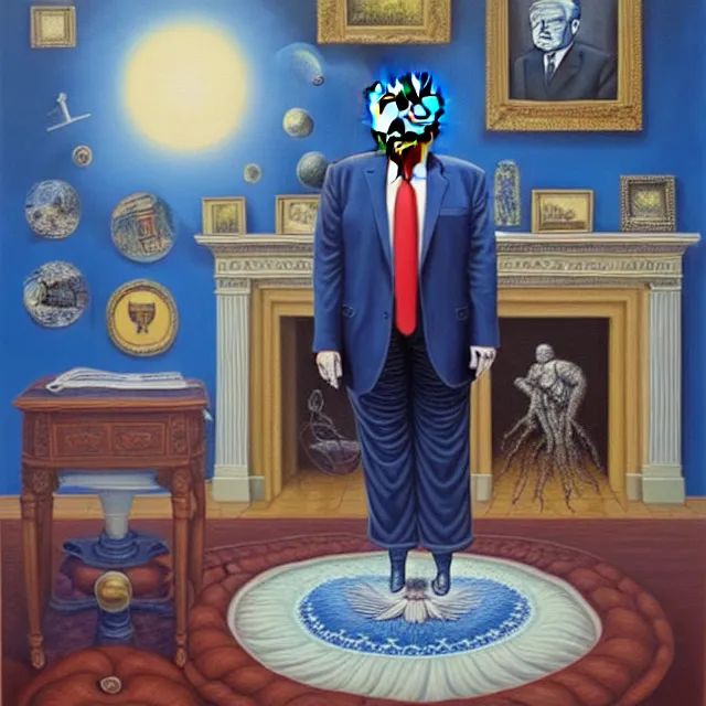 Image similar to an oil on canvas portrait painting of trump in the whitehouse, surrealism, surrealist, cosmic horror, rob gonsalves, high detail