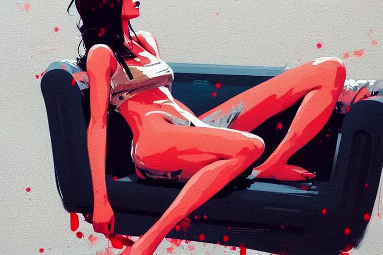 Image similar to a ultradetailed beautiful painting of a stylish woman sitting on a couch, by conrad roset, greg rutkowski and makoto shinkai trending on artstation