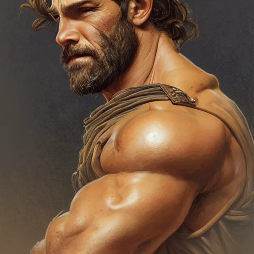 Prompt: portrait of a ruggedly handsome ranger, coherent hands, muscular, full body, leather, hairy, d & d, fantasy, intricate, elegant, highly detailed, digital painting, artstation, concept art, smooth, sharp focus, illustration, art by artgerm and greg rutkowski and alphonse mucha