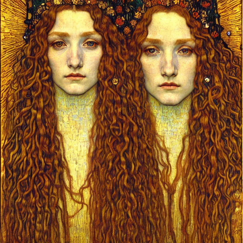 Image similar to detailed realistic beautiful young medieval queen face portrait by jean delville, gustav klimt and vincent van gogh, art nouveau, symbolist, visionary, gothic, pre - raphaelite, muted earthy colors, desaturated