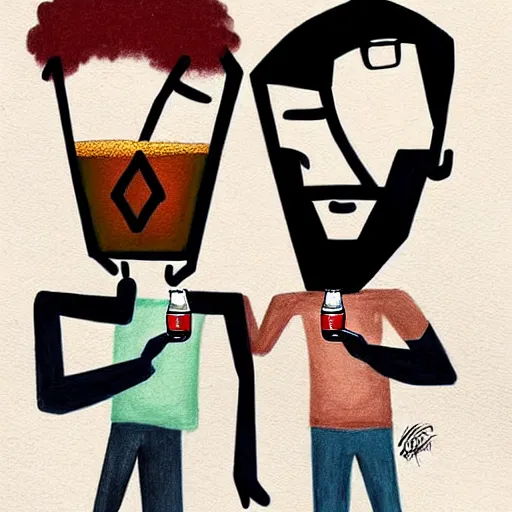 Image similar to two beautiful chad men drinking beers, hearts, friendship, love, sadness, dark ambiance, concept by Godfrey Blow, featured on deviantart, drawing, sots art, lyco art, artwork, photoillustration, poster art