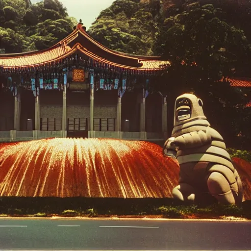 Image similar to Pulgasari the Kaiju Monster, overshadowing a Korean palace, Kodachrome 35mm cinemascope, Kim Jong-il production