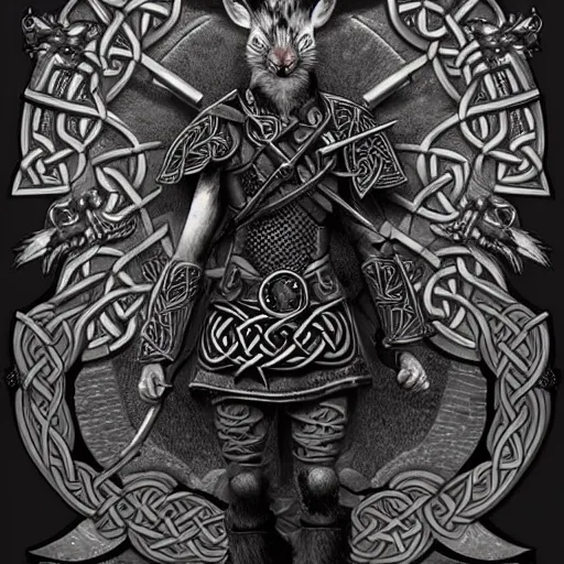 Image similar to celtic rat warrior preparing for the battle, symmetrical face, intricate details, fantasy concept trending on artstation
