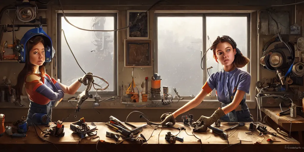 Image similar to highly detailed portrait painting of welder girl perfect symmetrical face, room mono window, workbench mess, by eddie mendoza and tyler edlin, 8 k resolution