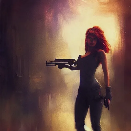 Image similar to bella thorne with gun, hyperrealistic full figure, bladerunner street alley, art of elysium by frank frazetta and by jeremy mann, fantasy art, photo realistic, dynamic lighting, artstation, full figure poster, volumetric lighting, very detailed face, 4 k, award winning