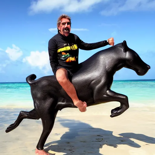 Prompt: john mcafee riding a black panther on a tropical beach