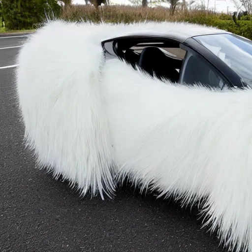 Prompt: a sports car covered entirely in long white fur from front to back