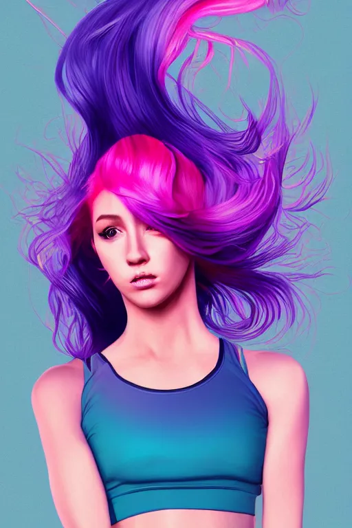 Image similar to a award winning half body porttrait of a beautiful woman in a croptop with ombre purple pink teal hairstyle with head in motion and hair flying, outrun, vaporware, shaded illustration, digital art, trending on artstation, highly detailed, fine detail, intricate