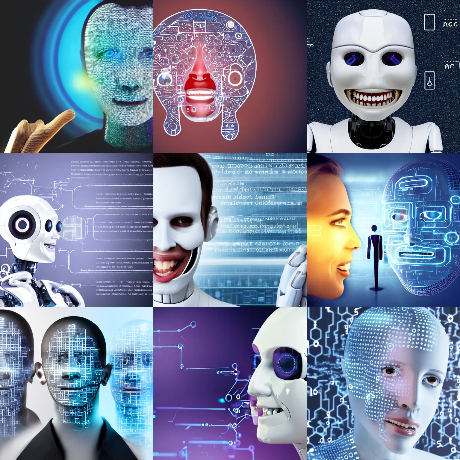 Prompt: artificial intelligence laughs at people, high detail, high modernization,