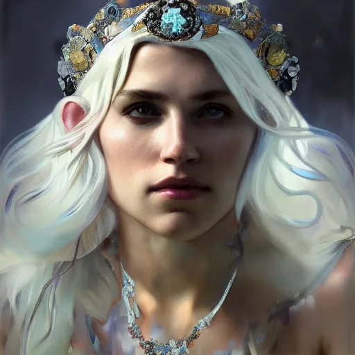 Prompt: a beautiful white haired young 🦍, adorned with precious stones, tiara and necklace by jeremy mann and alphonse mucha, photo realistic, dynamic lighting, windy, artstation, poster, dreamy, volumetric lighting, ethereal, 4 k, high detail