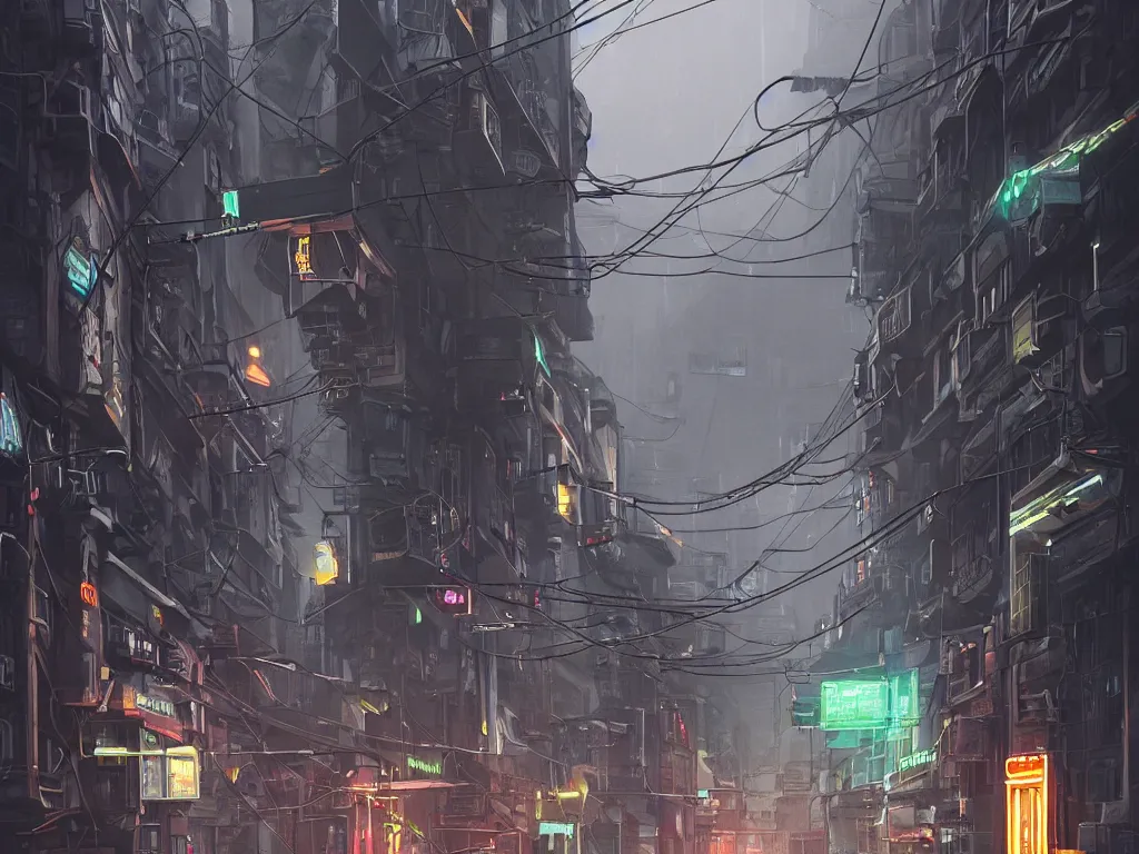 Image similar to futuristic dieselpunk narrow street, cable stone ground. lots hanging cables, tiny wires on the ground. garbage on the ground. rain. fog, haze, evening. led screens. neon signs. very sharp. cables on the ground. very messy. futuristic. photorealistic. artstation. anime. studio gimbli style. golden rate.