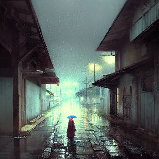 Prompt: walking around dilapidated ikeshima island, nagasaki, japan. volumetric lighting, rain, spring night, dark overcast weather, realistic illustration, perfectly shaded, soft painting, art by krenz cushart and wenjun lin