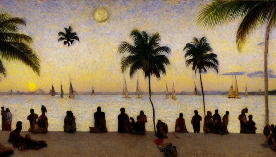 Image similar to a ultradetailed beautiful painting of the night sky of the great amazonas river golden white palace balustrade designed by jules bastien - lepage, tarsila do amaral, frank weston and gustave baumann, beach, trending on artstation, mediterranean, palm trees, sharp focus, sail boats, soft light, 8 k 4 k