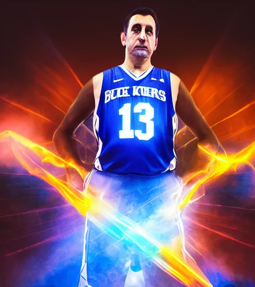 Image similar to portrait photography of mike krzyzewski as the god king emperor, blue devils, basketball, glowing, nimbus, volumetric light, unreal engine 5