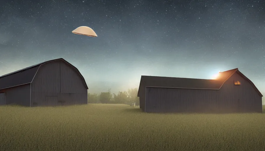 Prompt: a ufo floats over a barn with a broken roof, debris is ascending toward the ufo, volumetric lighting, night, photorealistic rendering, color palette, 8 k, hyperdetailed