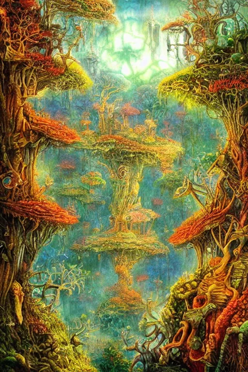 Prompt: the most epic beautiful detailed landscape to give us hope that life is worth living in a surreal depth, world in a orange green fantasy forrest style of daniel merriam concept art