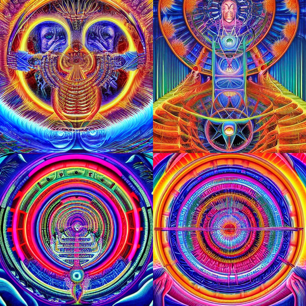 Prompt: temple of the divine machine intelligence by Alex Grey, beautiful detailed visionary art with modern colors