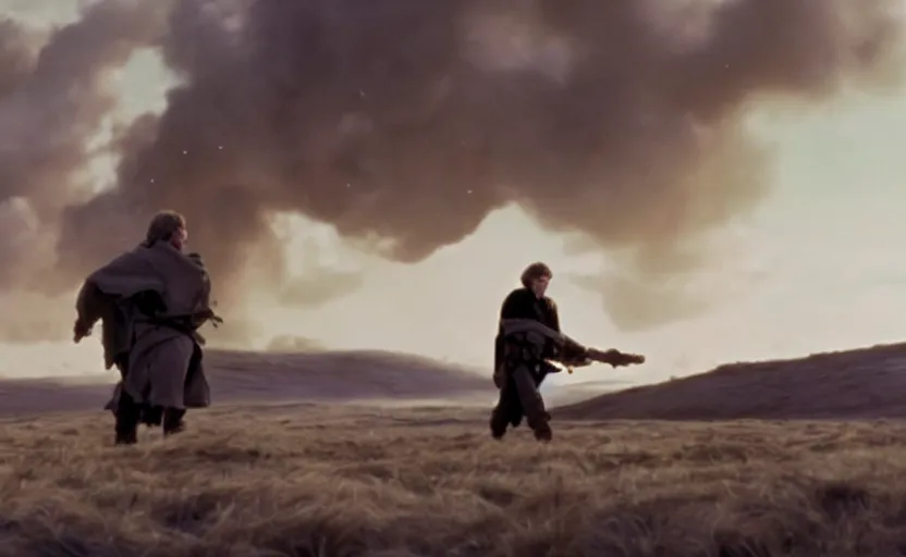 Image similar to screenshot portrait of Luke Skywalker in a windy fiery battlefield with scattered parts of destroyed AT-AT walkers, with young jedi army behind him, iconic scene from 1970s film by Stanley Kubrick, last jedi, 4k HD, cinematic lighting, beautiful portrait of Mark Hammill, moody scene, stunning cinematography, anamorphic lenses, kodak color film stock