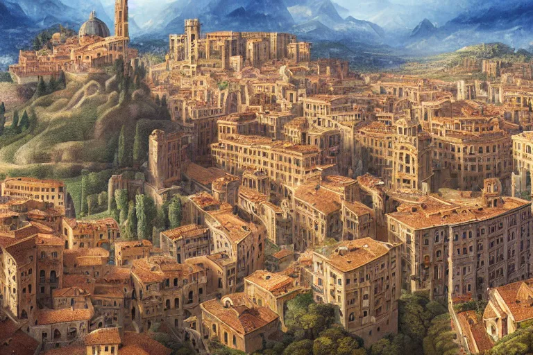 Image similar to an ultra detailed matte landscape painting of an italian renaissance capital city built on top of a large hill with many tall spirally towers, sweeping vista, italian renaissance architecture, ultrawide lens, aerial photography, 8 k, volumetric lighting, smooth, highly detailed, digital illustration, art by greg rutkowski and akira toriyama and artgerm