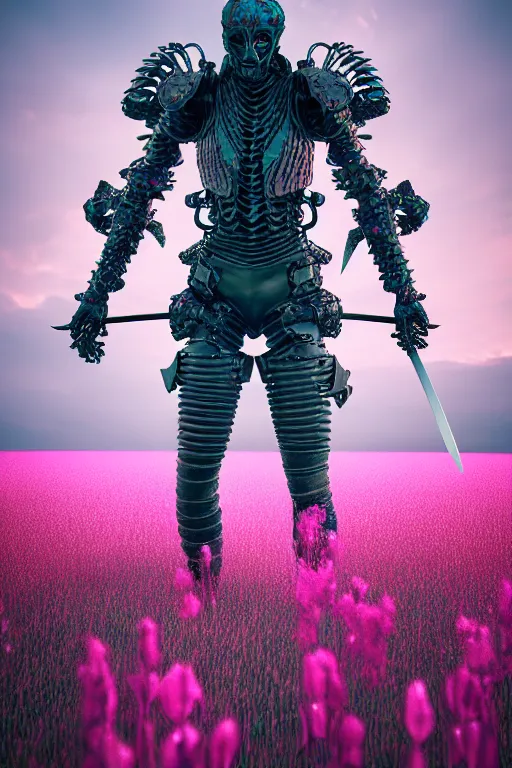 Image similar to hyperrealistic neo - gothic human monster hybrid, exoskeleton armor, fighting with katana, field of pink flowers, highly detailed digital art masterpiece, vitaly bulgarov dramatic dark teal light, ground angle hd 8 k, sharp focus