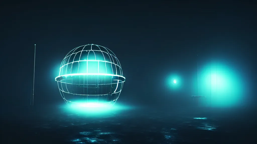 Image similar to space, black sphere in a glowing cage, fog, volumetric lighting, mystique, atmospheric, sharp focus, ultra detailed, noir art house, 4 k, cinematic, 3 5 mm