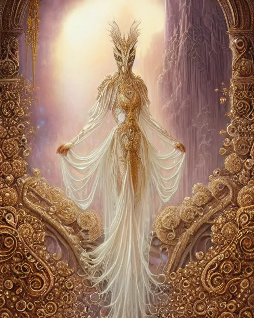 Image similar to beautiful ethereal maiden in a ivory masquerade mask intricate ornate fractal-lace and gemstones, wearing stunning ivory dress, ivory gold iridescent, full view, soft lighting, vivid, Hyperdetailed, 4k hd matte painting by Artgerm, Greg Rutkowski, Klimt, James Jean, 8k resolution, enchanting and otherworldly, Artstation, CGsociety, detailed, front view