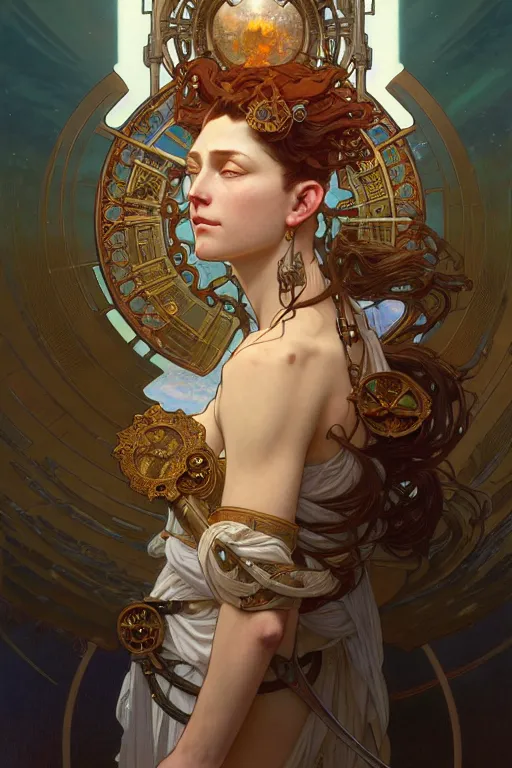 Prompt: highly detailed portrait of god ares, alphonse mucha, stephen bliss, unreal engine, fantasy art by greg rutkowski, rhads, ferdinand knab, makoto shinkai and lois van baarle, ilya kuvshinov, rossdraws, tom bagshaw, global illumination, radiant light, detailed and intricate environment, steampunk