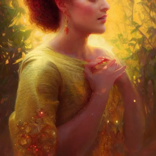 Prompt: Woman holding her index finger outward, about to place her fingertip onto a vibrant, radiant star, illustrated by Gaston Bussiere and Greg Rutkowski, beautiful dappled lighting, gorgeous volumetric lighting, a beautiful portrait image, inspirational artwork, intricate, brightly colored, vividly enhanced, trending on artstation, 4k, 8k