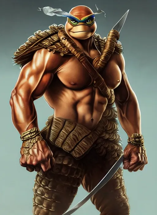 Image similar to portrait of aggressive leonardo from teenage mutant ninja turtle, d & d, muscular! athetic bodybuilder in dynamic fighting stance, fantasy, intricate, elegant, highly detailed, digital painting, artstation, concept art, smooth, sharp focus, illustration, art by artgerm and greg rutkowski and alphonse mucha