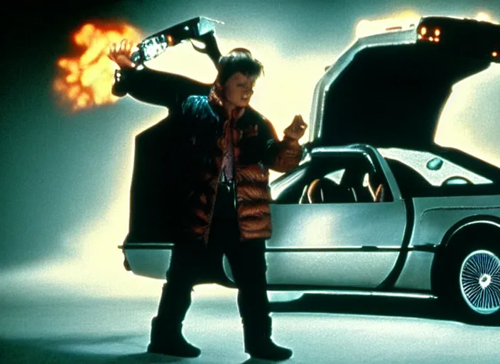 Image similar to screenshot from the iconic scene from the lost Back to the Future film directed by Martin Scorsese, cinematic lighting, unsettling set design with extreme detail, moody cinematography, with anamorphic lenses, crisp, detailed, 4k image, starring Marty Mcfly