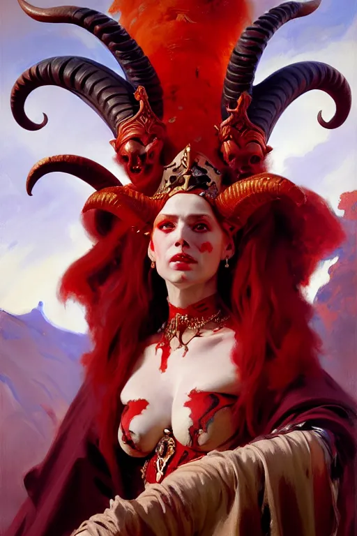 Image similar to painted close - up portrait of a very attractive red - skinned intimidating demon queen with ram horns! oil painting, wearing a noblewoman's outfit, fantasy art by john singer sargent and gaston bussiere and james jean and greg rutkowski, demon noble character design, hd