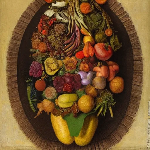 Image similar to portrait of benjamin netanyahu made of vegetables fruits flowers, vanitas, memento mori, by giuseppe arcimboldo